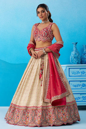 Cream Floral Embroidered Jacquard Lehenga (ACA6089)
