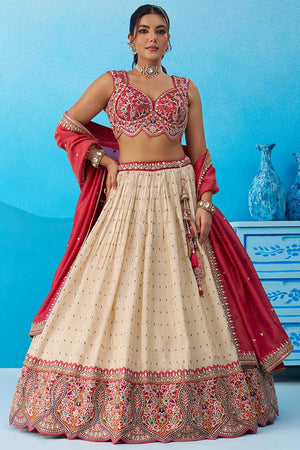 Cream Floral Embroidered Jacquard Lehenga (ACA6089)