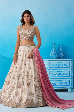 Cream Floral Embroidered Tissue Lehenga (ACA6090)