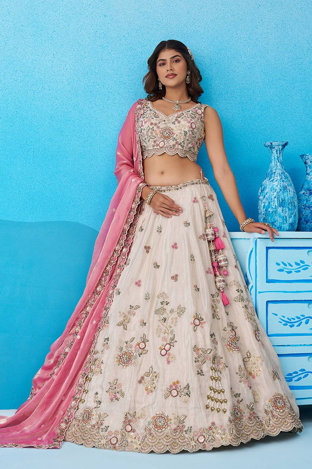 Cream Floral Embroidered Tissue Lehenga (ACA6090)