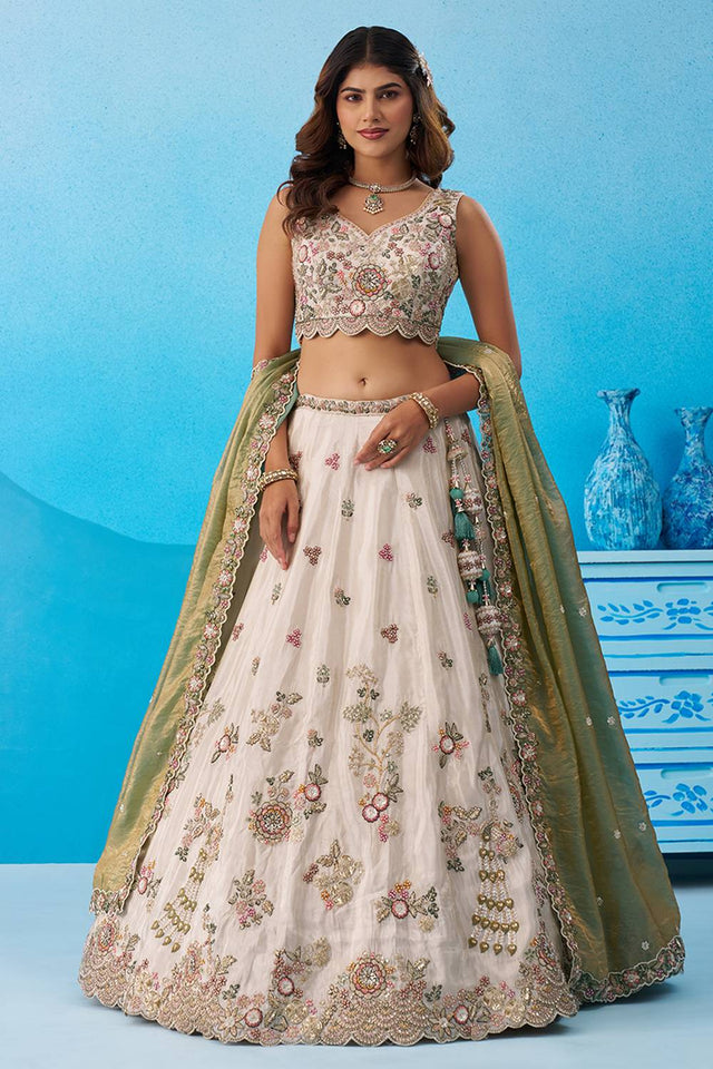 Cream Floral Embroidered Tissue Lehenga (ACA6091)