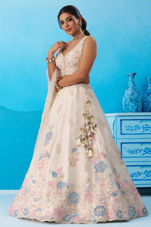 Cream Floral Embroidered Tissue Lehenga (ACA6092)
