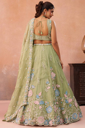 Green Floral Embroidered Tissue Lehenga (ACA6093)