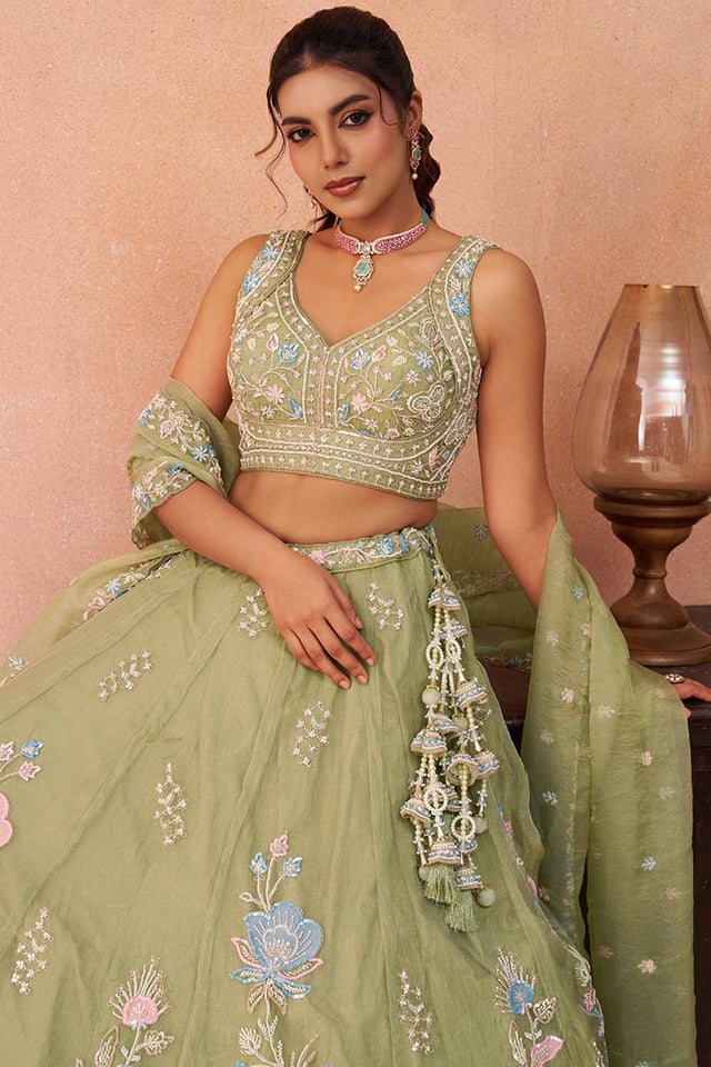 Green Floral Embroidered Tissue Lehenga (ACA6093)