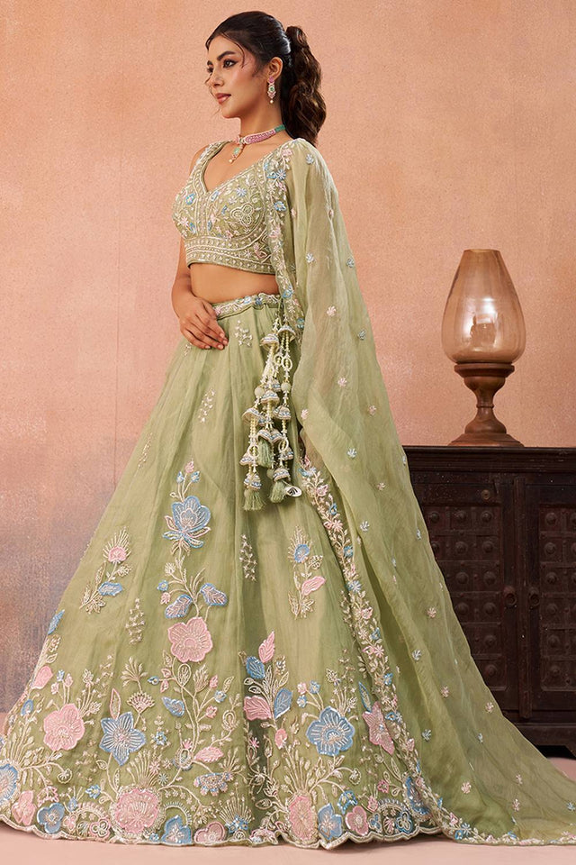Green Floral Embroidered Tissue Lehenga (ACA6093)