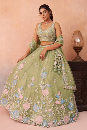 Green Floral Embroidered Tissue Lehenga (ACA6093)