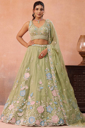 Green Floral Embroidered Tissue Lehenga (ACA6093)