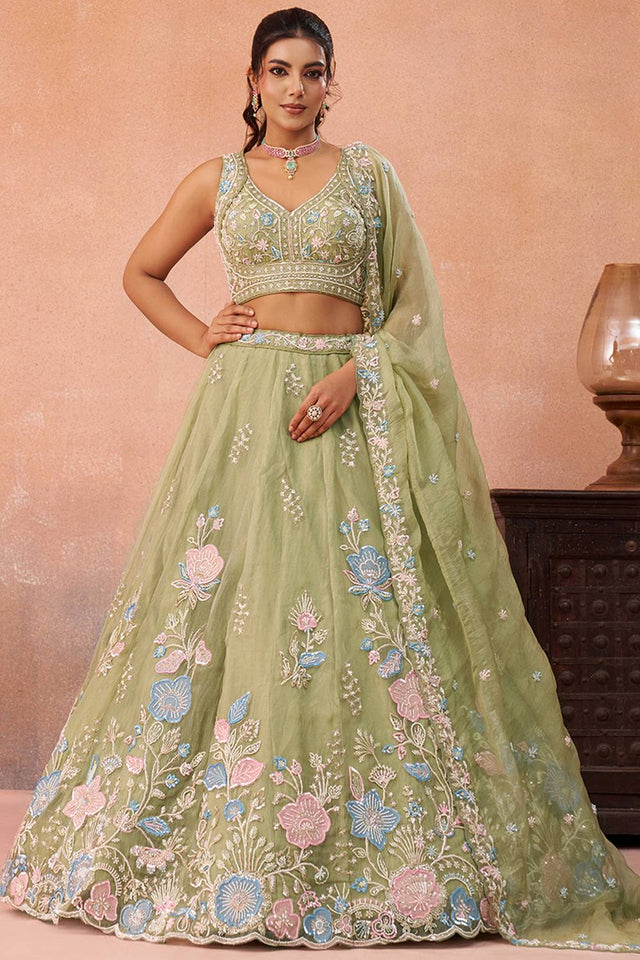 Green Floral Embroidered Tissue Lehenga (ACA6093)