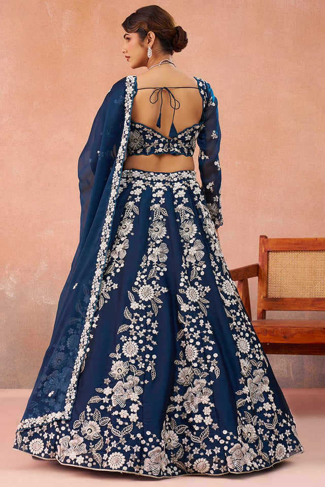 Blue Floral Embroidered Organza Lehenga (ACA6094)