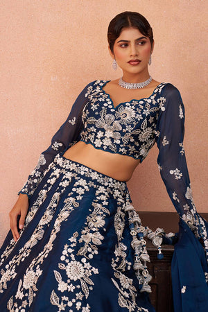 Blue Floral Embroidered Organza Lehenga (ACA6094)