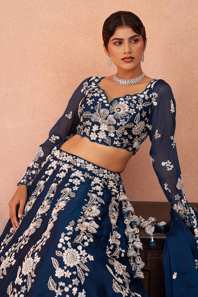 Blue Floral Embroidered Organza Lehenga (ACA6094)