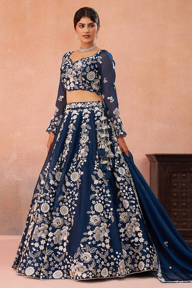 Blue Floral Embroidered Organza Lehenga (ACA6094)