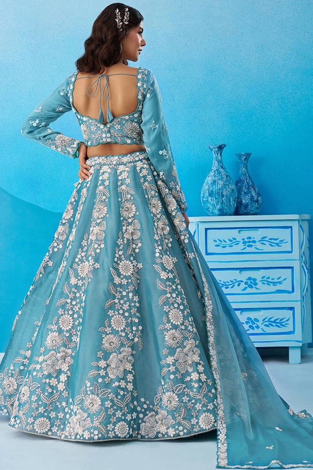 Sea Green Floral Embroidered Organza Lehenga (ACA6095)