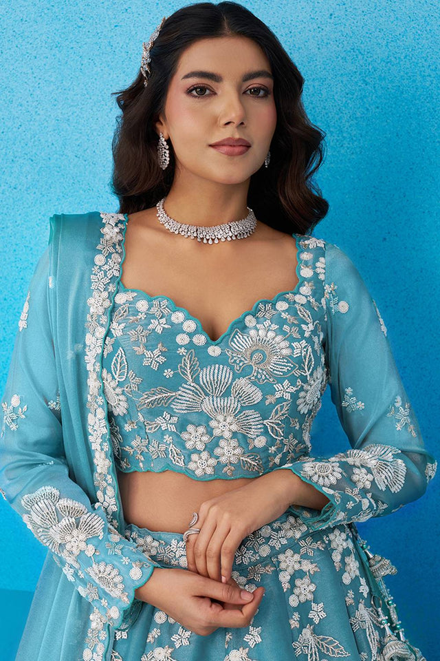 Sea Green Floral Embroidered Organza Lehenga (ACA6095)