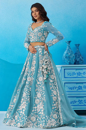 Sea Green Floral Embroidered Organza Lehenga (ACA6095)