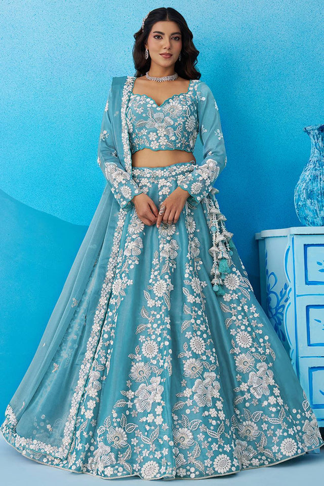 Sea Green Floral Embroidered Organza Lehenga (ACA6095)