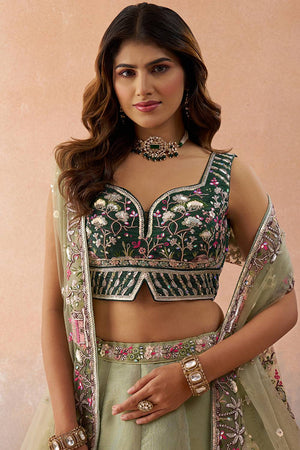 Green Floral Embroidered Net Lehenga (ACA6097)
