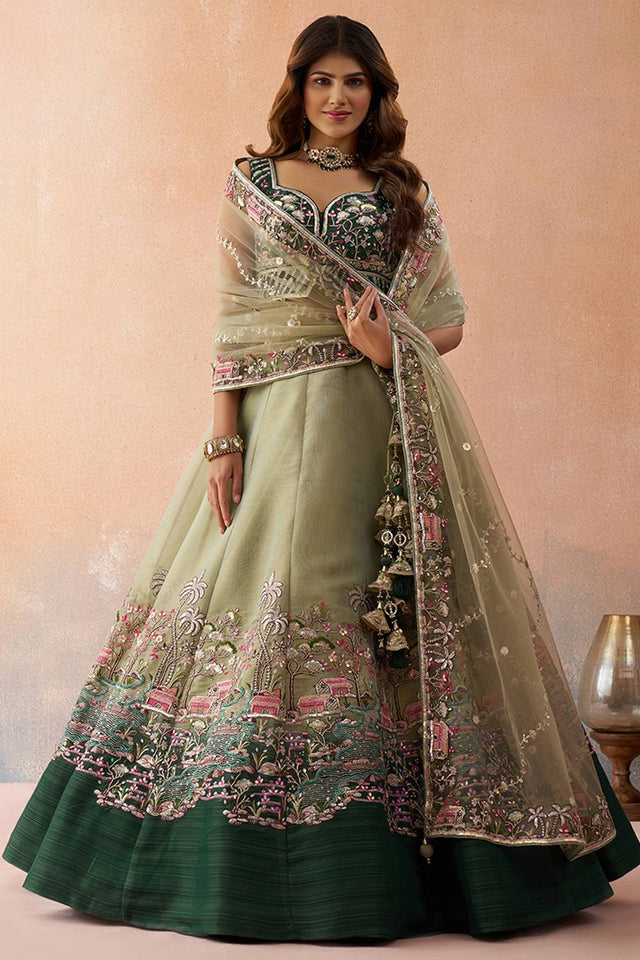Green Floral Embroidered Net Lehenga (ACA6097)
