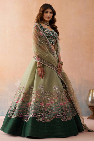 Green Floral Embroidered Net Lehenga (ACA6097)