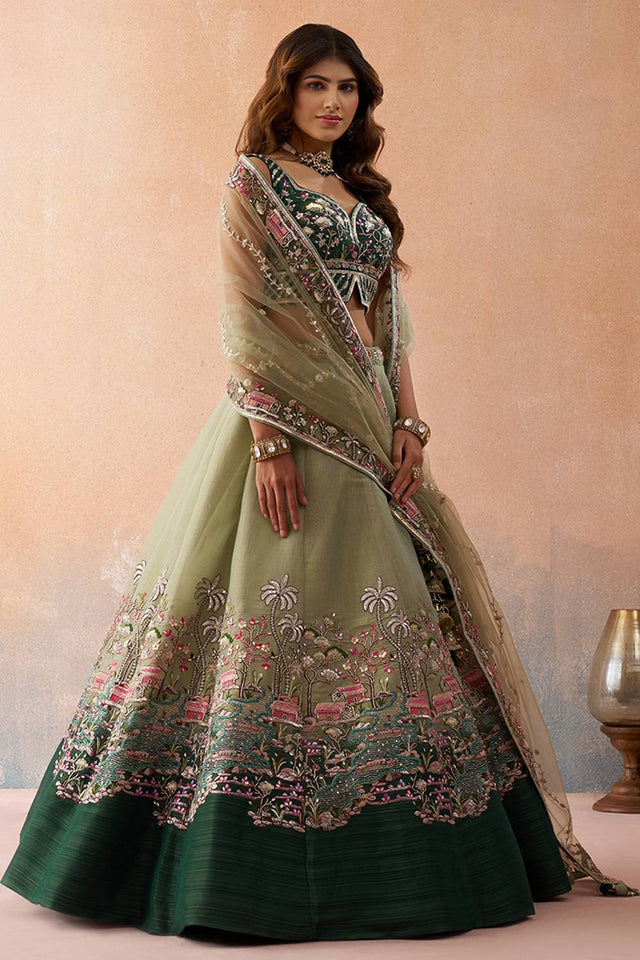 Green Floral Embroidered Net Lehenga (ACA6097)