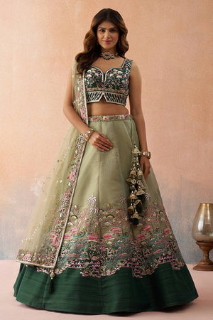 Green Floral Embroidered Net Lehenga (ACA6097)