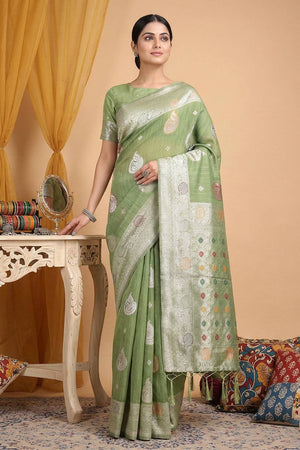Green Woven Linen Saree (ACA6101)