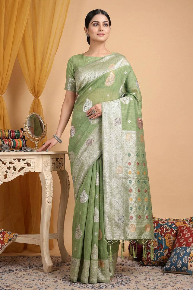 Green Woven Linen Saree (ACA6101)