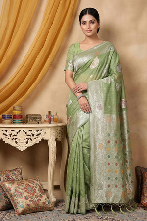Green Woven Linen Saree (ACA6101)