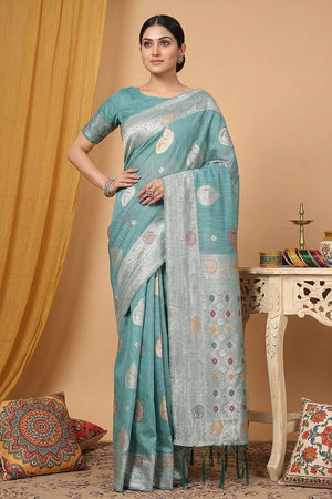Sea Green Woven Linen Saree (ACA6103)