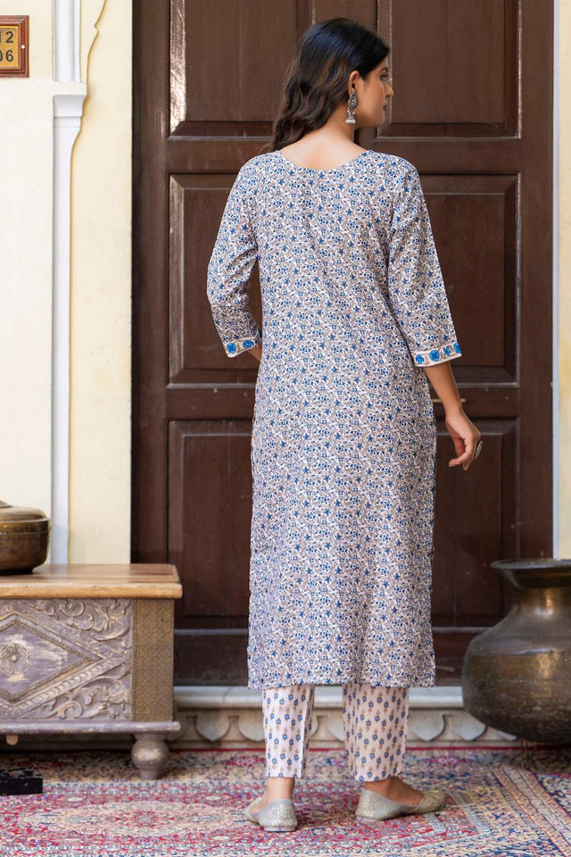 Blue Floral Printed Cotton Blend Kurti Pant Set (ACA6104)