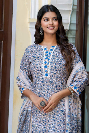 Blue Floral Printed Cotton Blend Kurti Pant Set (ACA6104)