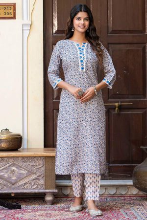 Blue Floral Printed Cotton Blend Kurti Pant Set (ACA6104)