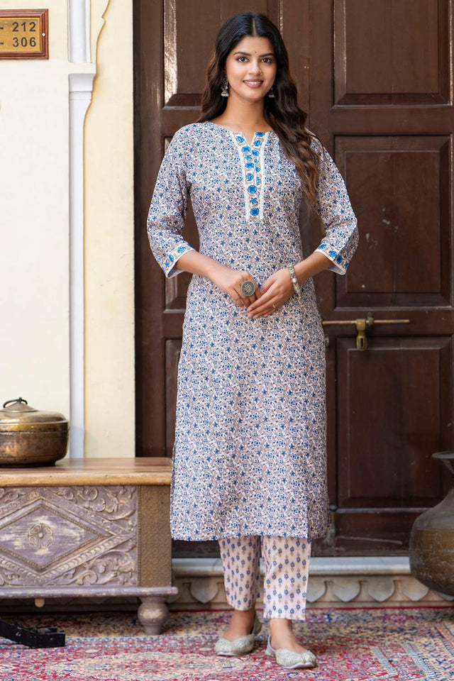 Blue Floral Printed Cotton Blend Kurti Pant Set (ACA6104)