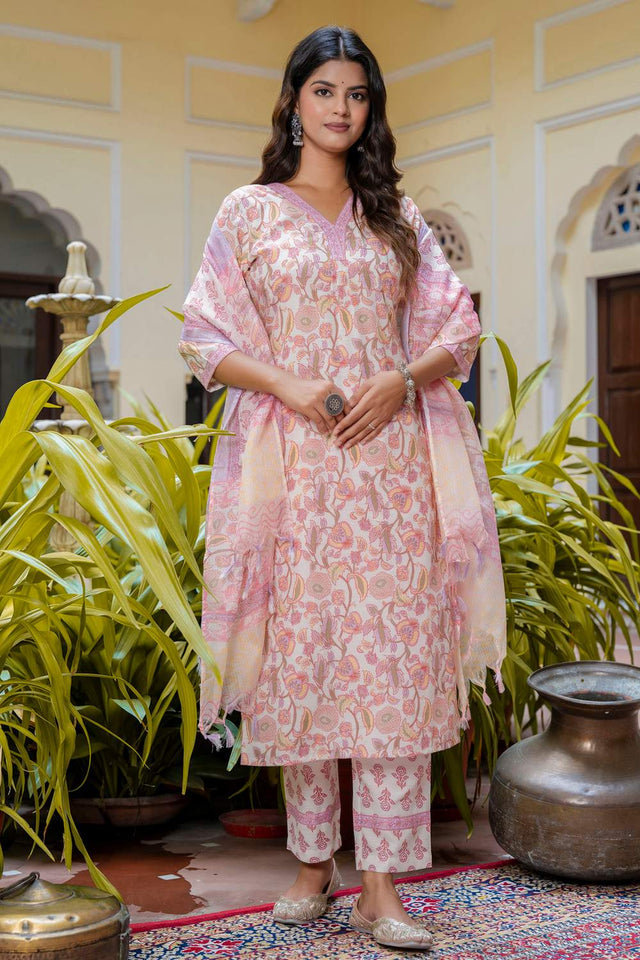 Peach Floral Printed Cotton Blend Kurti Pant Set (ACA6105)