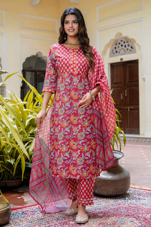 Maroon Floral Printed Cotton Blend Kurti Pant Set (ACA6108)