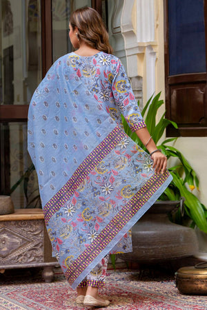 Blue Floral Printed Cotton Blend Kurti Pant Set (ACA6109)