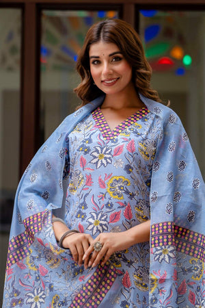 Blue Floral Printed Cotton Blend Kurti Pant Set (ACA6109)