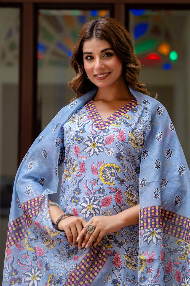 Blue Floral Printed Cotton Blend Kurti Pant Set (ACA6109)