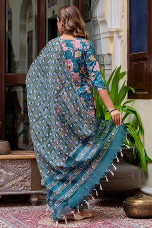 Turquoise Floral Printed Cotton Blend Kurti Pant Set (ACA6110)
