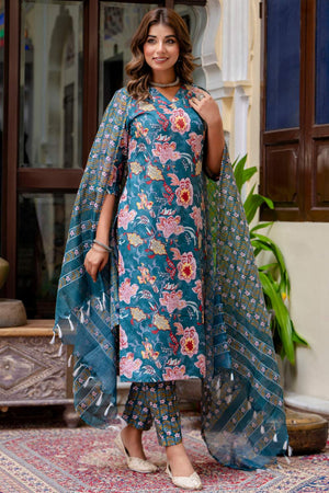 Turquoise Floral Printed Cotton Blend Kurti Pant Set (ACA6110)