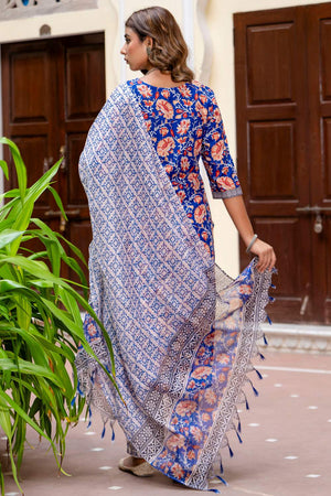 Blue Floral Printed Cotton Blend Kurti Pant Set (ACA6111)