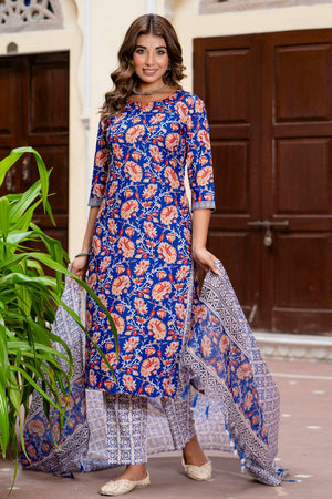 Blue Floral Printed Cotton Blend Kurti Pant Set (ACA6111)
