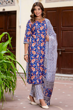 Blue Floral Printed Cotton Blend Kurti Pant Set (ACA6111)