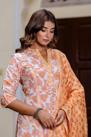 Yellow Floral Printed Cotton Blend Kurti Pant Set (ACA6112)