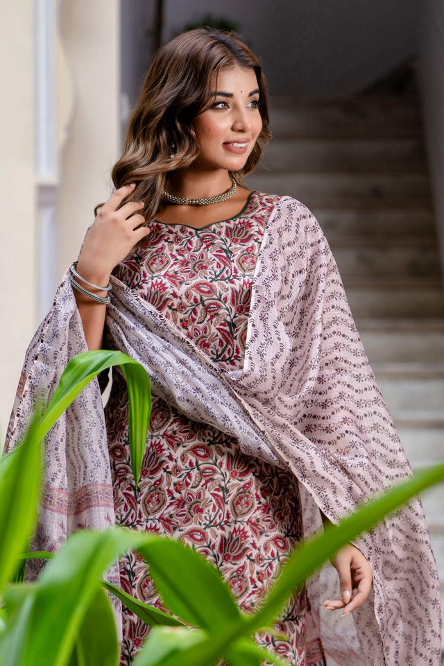 Maroon Floral Printed Cotton Blend Kurti Pant Set (ACA6113)