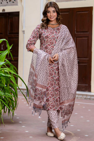 Maroon Floral Printed Cotton Blend Kurti Pant Set (ACA6113)