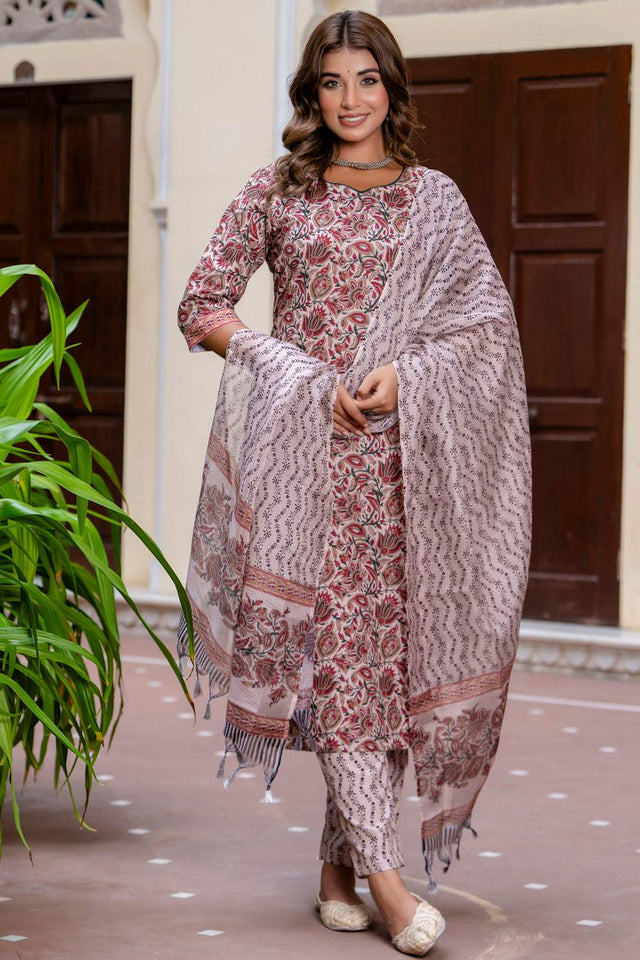 Maroon Floral Printed Cotton Blend Kurti Pant Set (ACA6113)