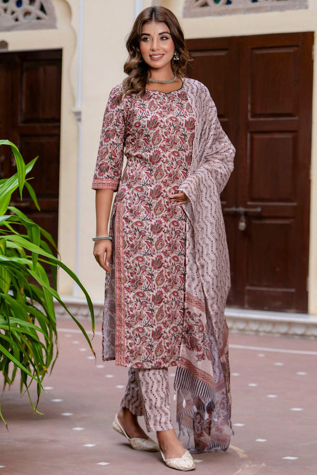 Maroon Floral Printed Cotton Blend Kurti Pant Set (ACA6113)