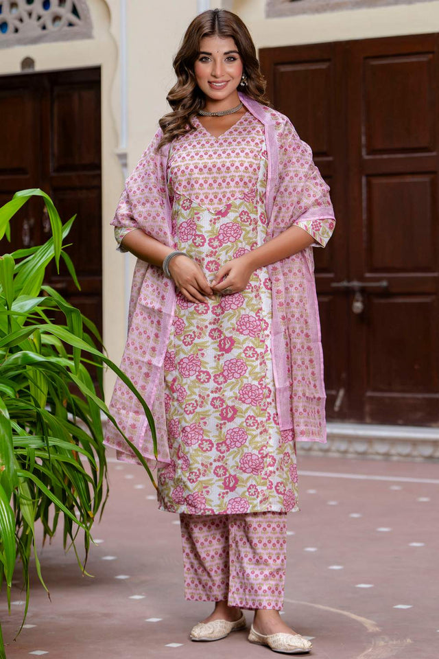 Violet Floral Printed Cotton Blend Kurti Pant Set (ACA6114)