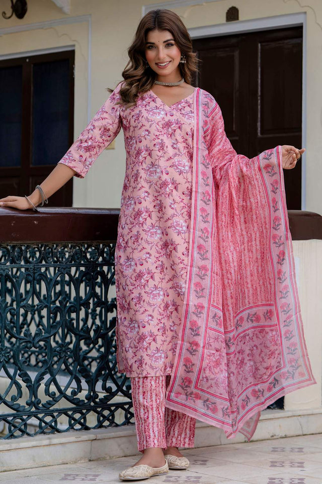 Violet Floral Printed Cotton Blend Kurti Pant Set (ACA6115)